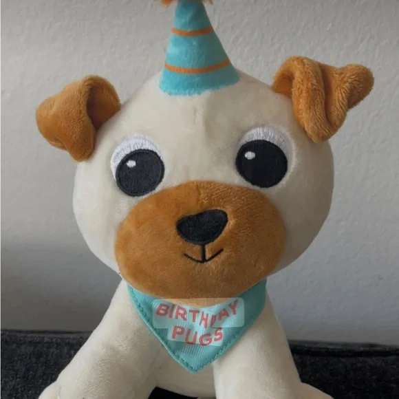 Plush Birthday Pug Dog Toy - Cream & Brown with Teal Bandana, New without tag 🏷️ - Picture 3 of 5